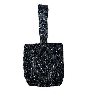 Moyna vintage black and silver beaded women's mini purse handbag wristlet